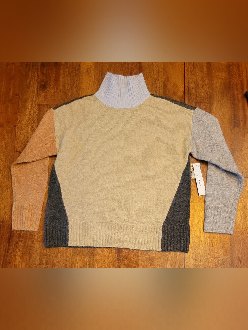 Tribal Women's Colorblock Turtleneck Sweater - Cream/Gray/Light Blue